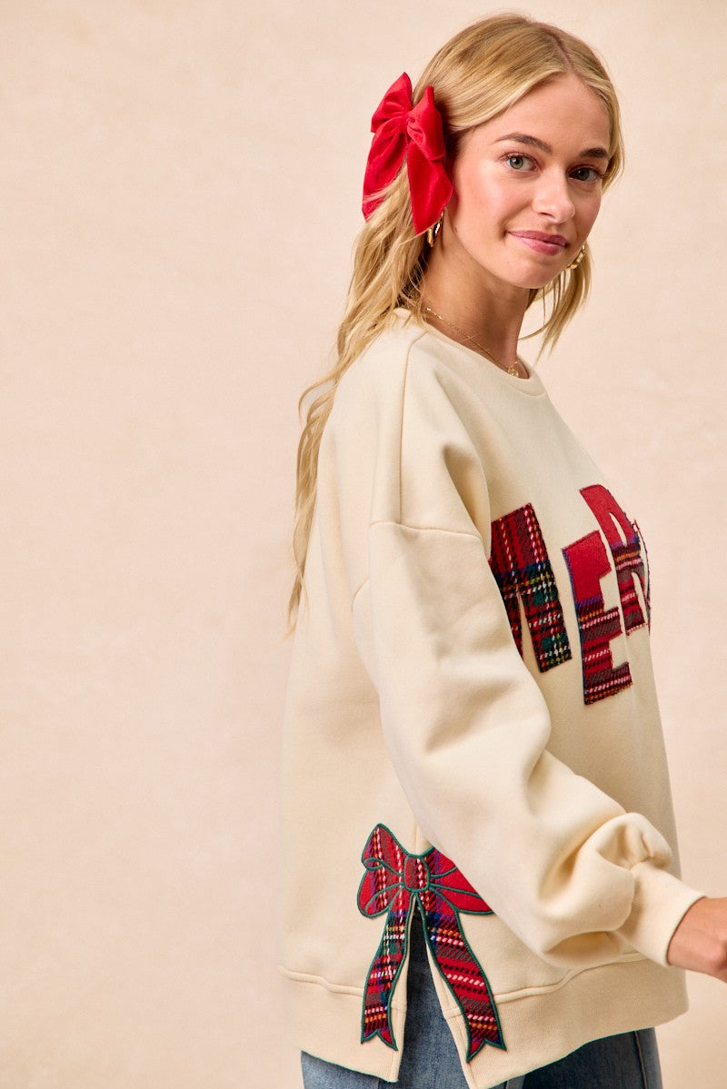 Christmas Plaid Merry Side Bow Patches Sweatshirt