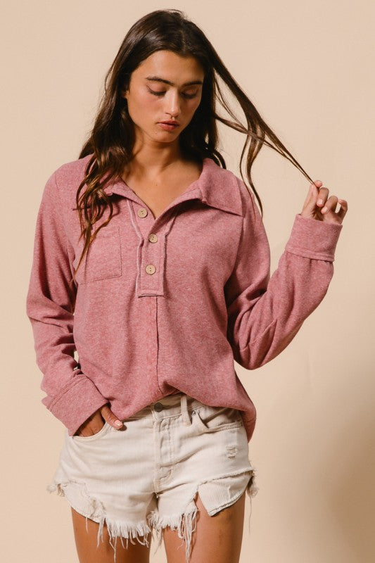 Brushed Hacci Buttoned Collared Top