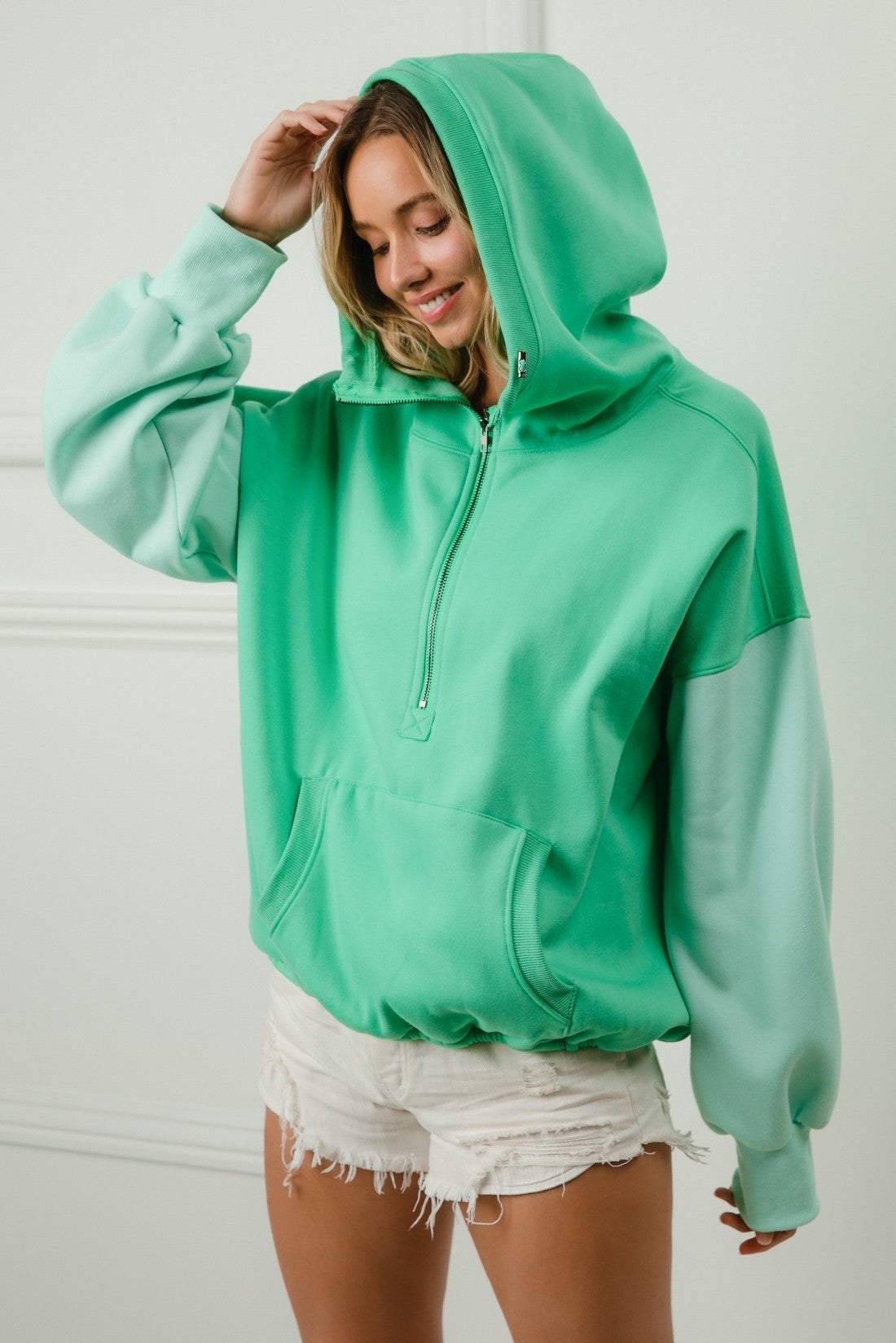 Color Block Elastic Hem Fleece Hoodie