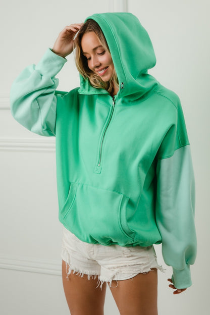 Color Block Elastic Hem Fleece Hoodie