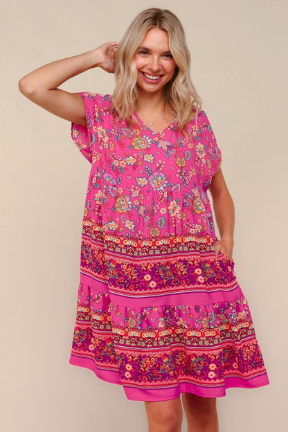 Tiered Knee Length Floral Border Print Dress