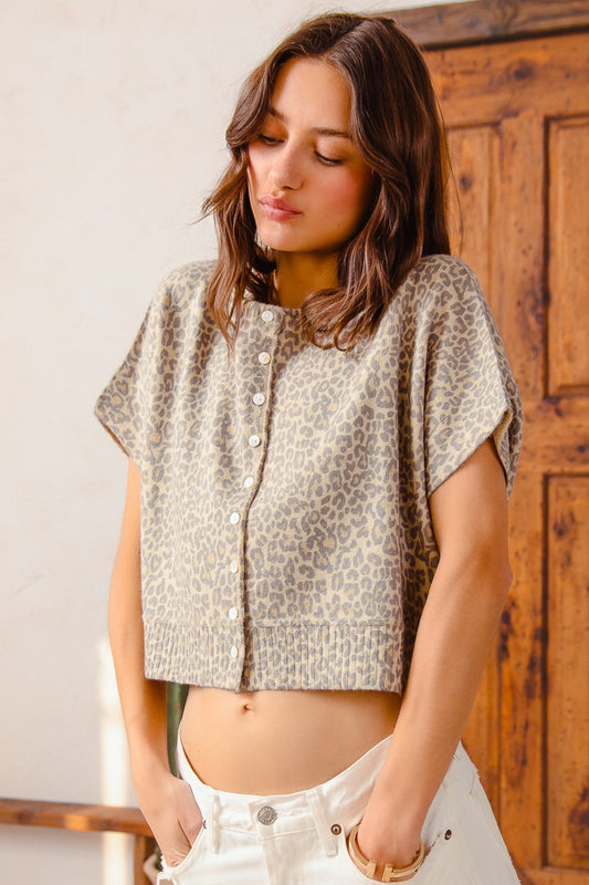 Vintage Leopard Print Button Front Sweater Vest Top