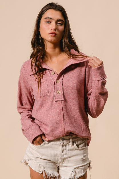 Brushed Hacci Buttoned Collared Top