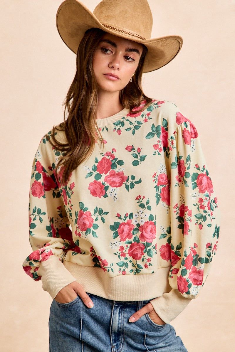 Rose Printed Terry Balloon Sleeves Pull Over Top Cream/Coral PREORDER