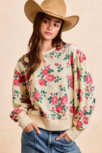 Rose Printed Terry Balloon Sleeves Pull Over Top Cream/Coral PREORDER