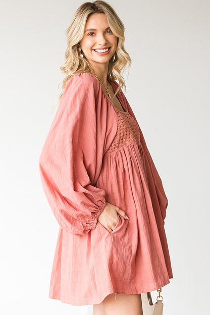 CROCHET KNIT CHEST BALLOON SLEEVE BABYDOLL DRESS (PREORDER)
