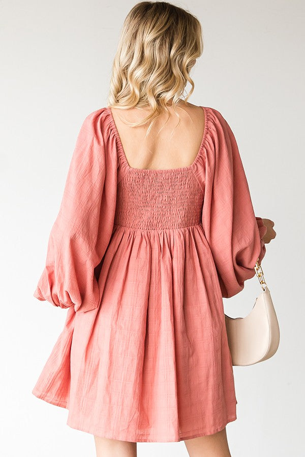 CROCHET KNIT CHEST BALLOON SLEEVE BABYDOLL DRESS (PREORDER)