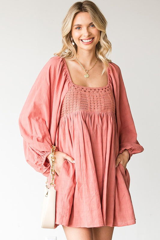 CROCHET KNIT CHEST BALLOON SLEEVE BABYDOLL DRESS (PREORDER)