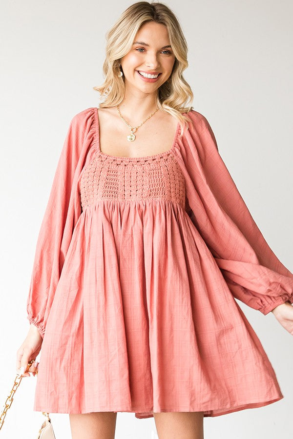 CROCHET KNIT CHEST BALLOON SLEEVE BABYDOLL DRESS (PREORDER)