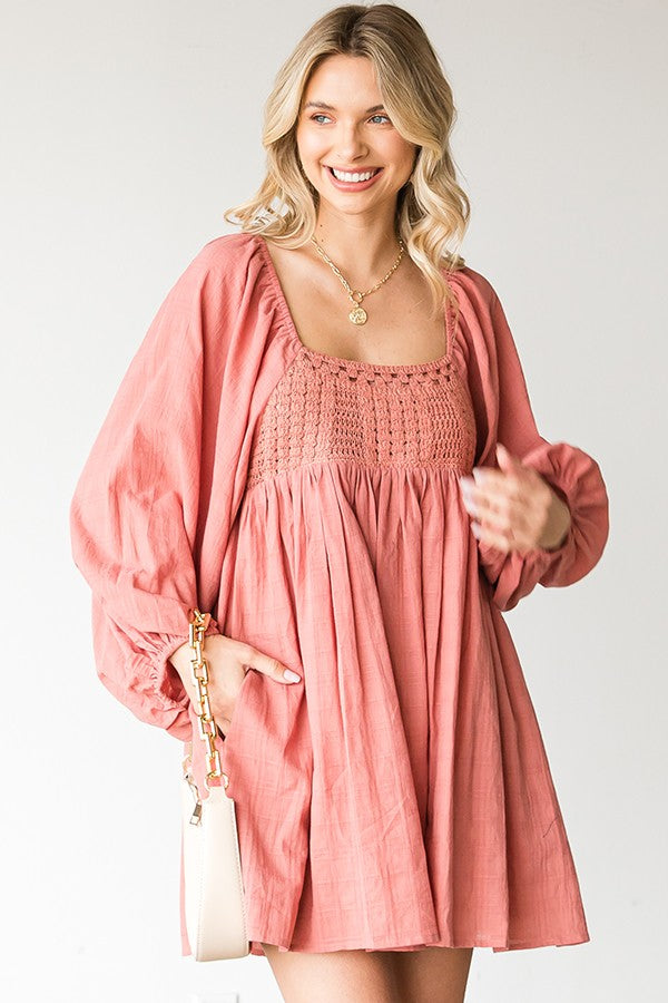 CROCHET KNIT CHEST BALLOON SLEEVE BABYDOLL DRESS (PREORDER)