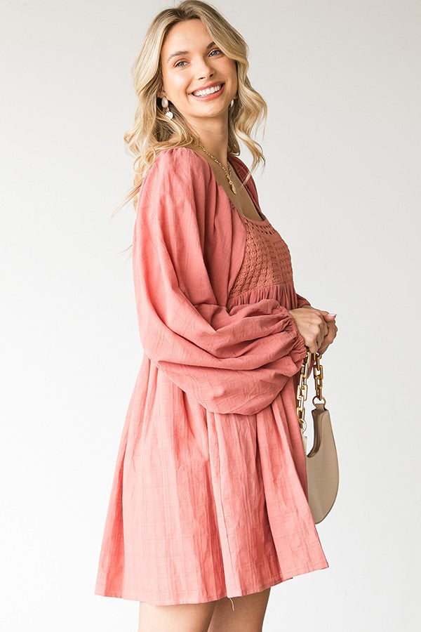 CROCHET KNIT CHEST BALLOON SLEEVE BABYDOLL DRESS (PREORDER)