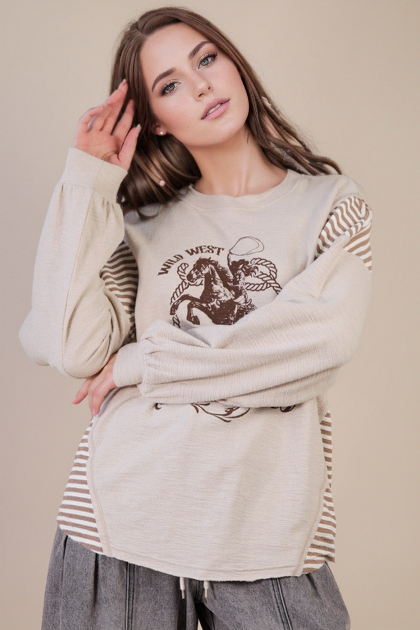 Oversized Mixed Media Western graphic Knit Top PREORDER