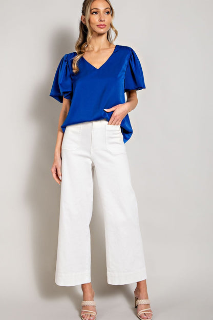 PLUS V-NECK PUFF SLEEVE BLOUSE TOP