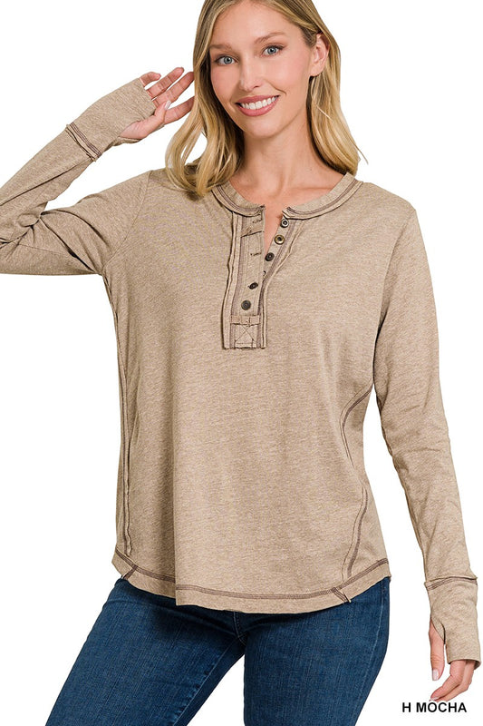 Thumb Hole Cuffs Button Closure Long Sleeve Top Mocha