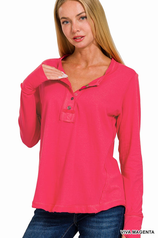 Thumb Hole Cuffs Button Closure Long Sleeve Top Magenta