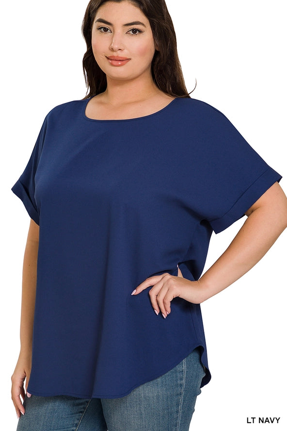 Plus Size Woven Heavy Dobby Rolled Sleeve Boat Neck Top Navy