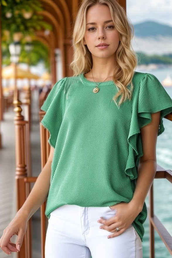 Ruffled Sleeve Solid Top Sage