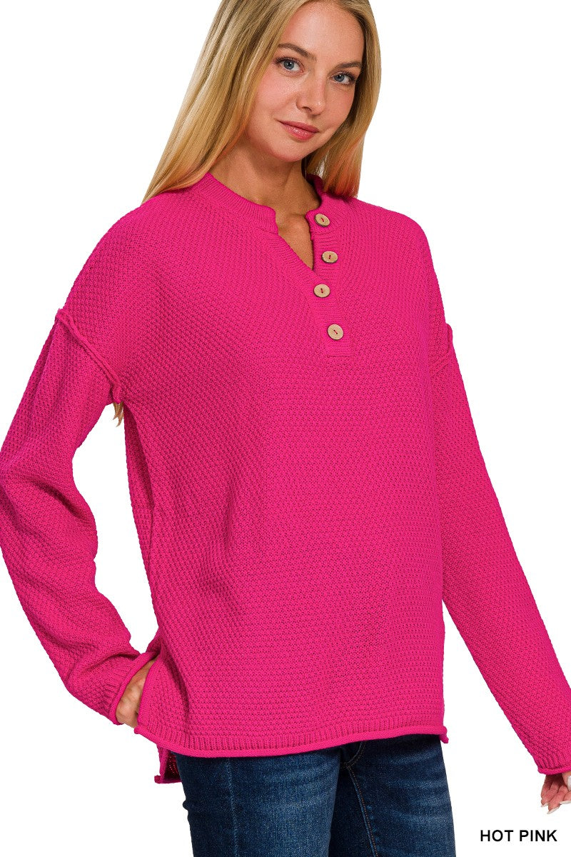 4 Buttons Henley Neckline Basic Sweater Pink (PREORDER)
