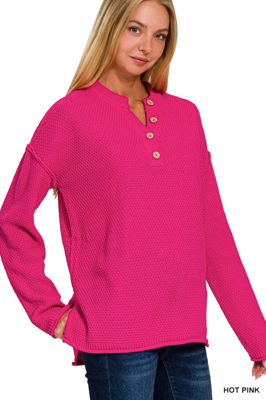 4 Buttons Henley Neckline Basic Sweater Pink (PREORDER)