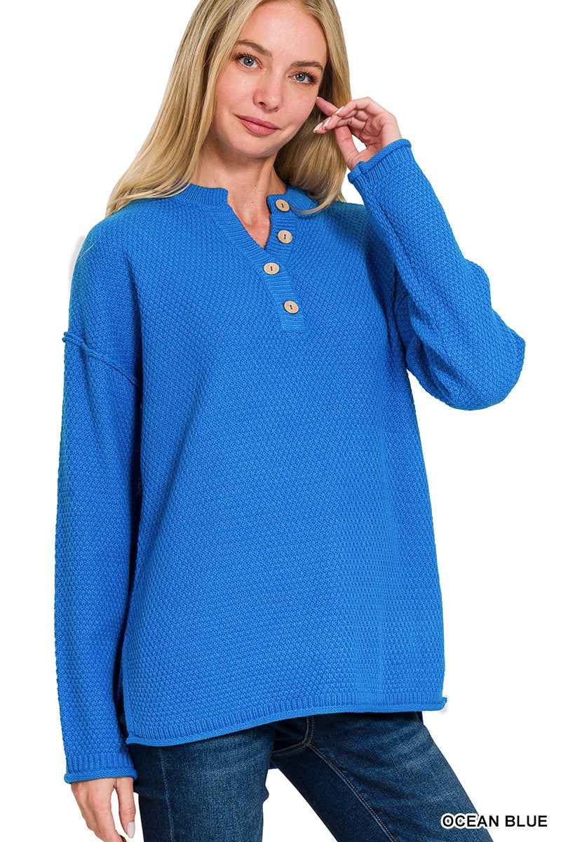 4 Buttons Henley Neckline Basic Sweater Blue (PREORDER)