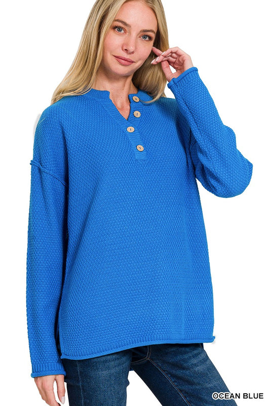4 Buttons Henley Neckline Basic Sweater Blue (PREORDER)