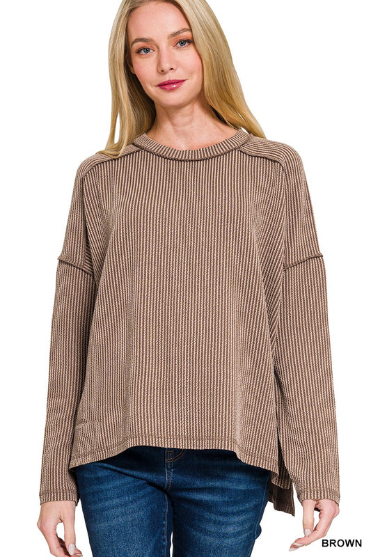 Raised Rib Raw Edge Boat Neck Long Sleeve Top -Brown