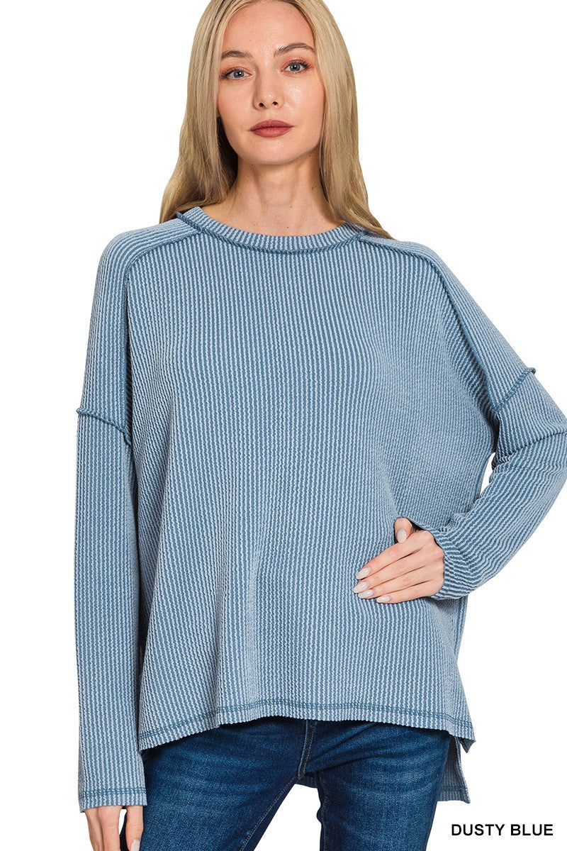 Raised Rib Raw Edge Boat Neck Long Sleeve Top -Blue