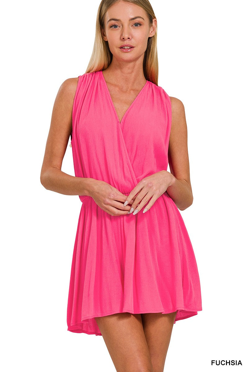 Woven Crinkle Draped Romper W Tie Open Back - Fuchsia