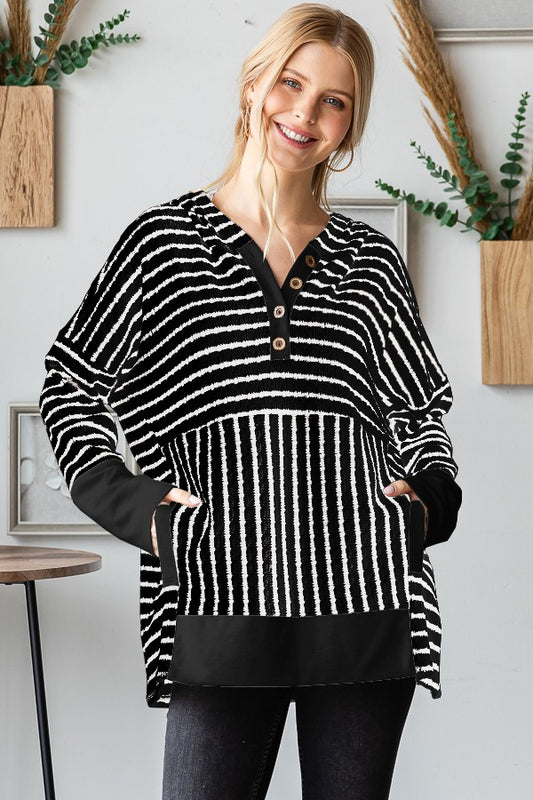 Long Sleeve Stripe And Solid Contrast Hoodie Top (PREODER)