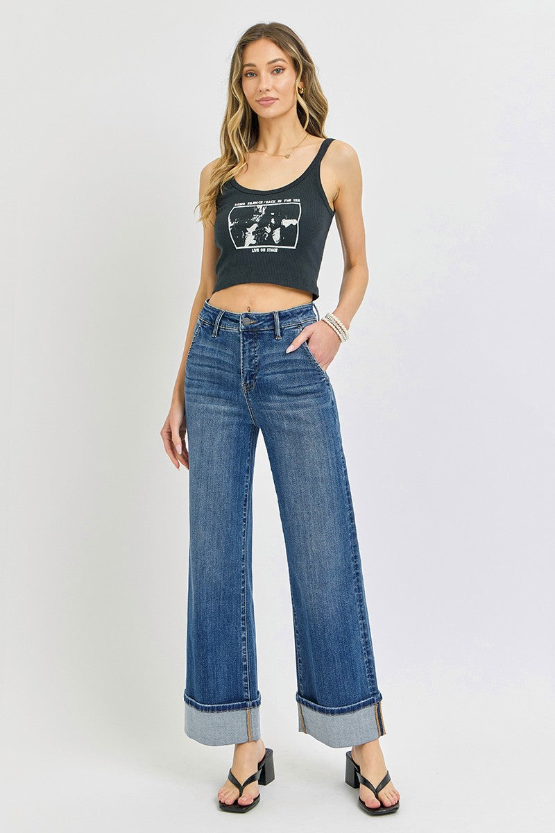 RISEN Tummy Control High Rise Ankle Wide Cuffed Jeans PREORDER