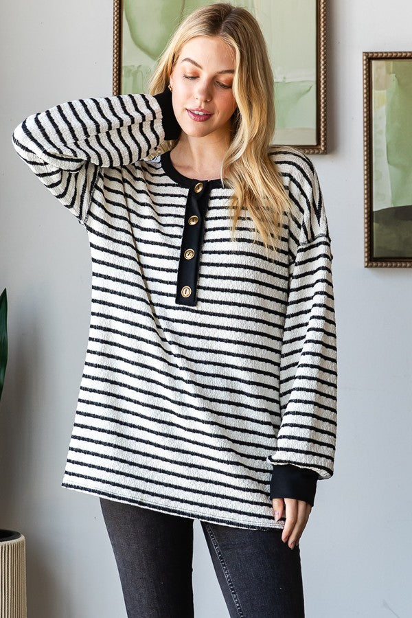 Long Puff Sleeve Stripe Print Top Cream PREORDER