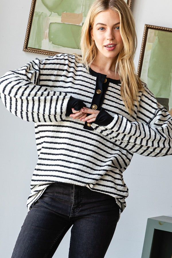 Long Puff Sleeve Stripe Print Top Cream PREORDER