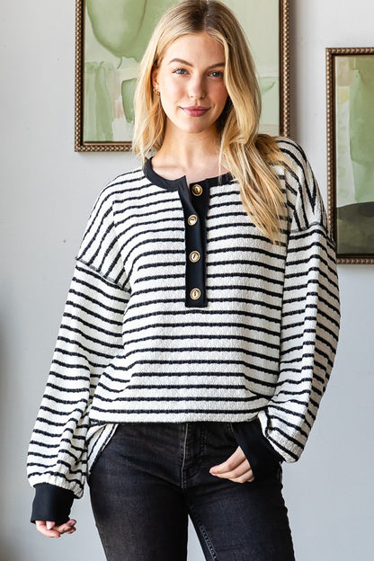 Long Puff Sleeve Stripe Print Top Cream PREORDER