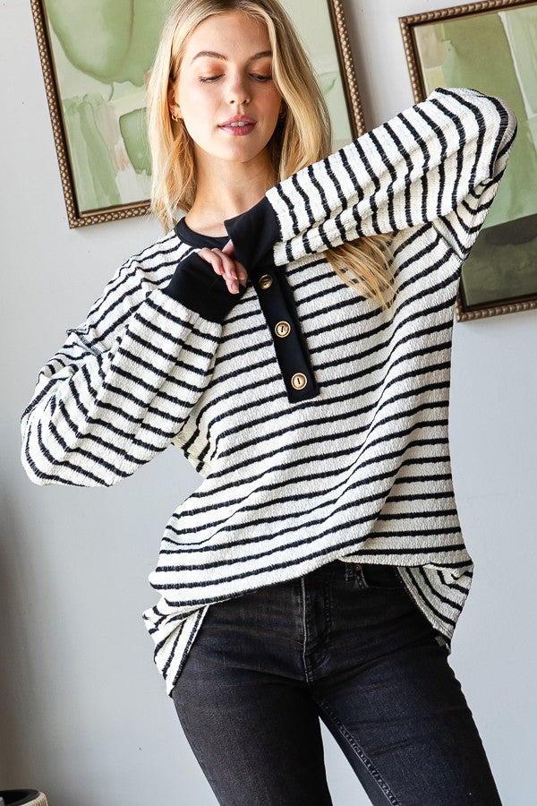 Long Puff Sleeve Stripe Print Top Cream PREORDER