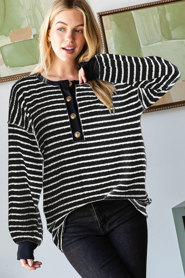 Long Puff Sleeve Stripe Print Top Black PREORDER