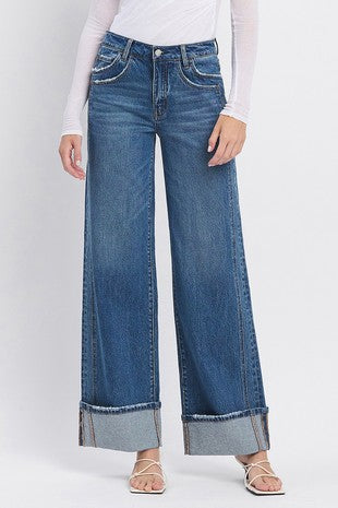 HIGH RISE CUFFED PANEL BAGGY WIDE JEANS