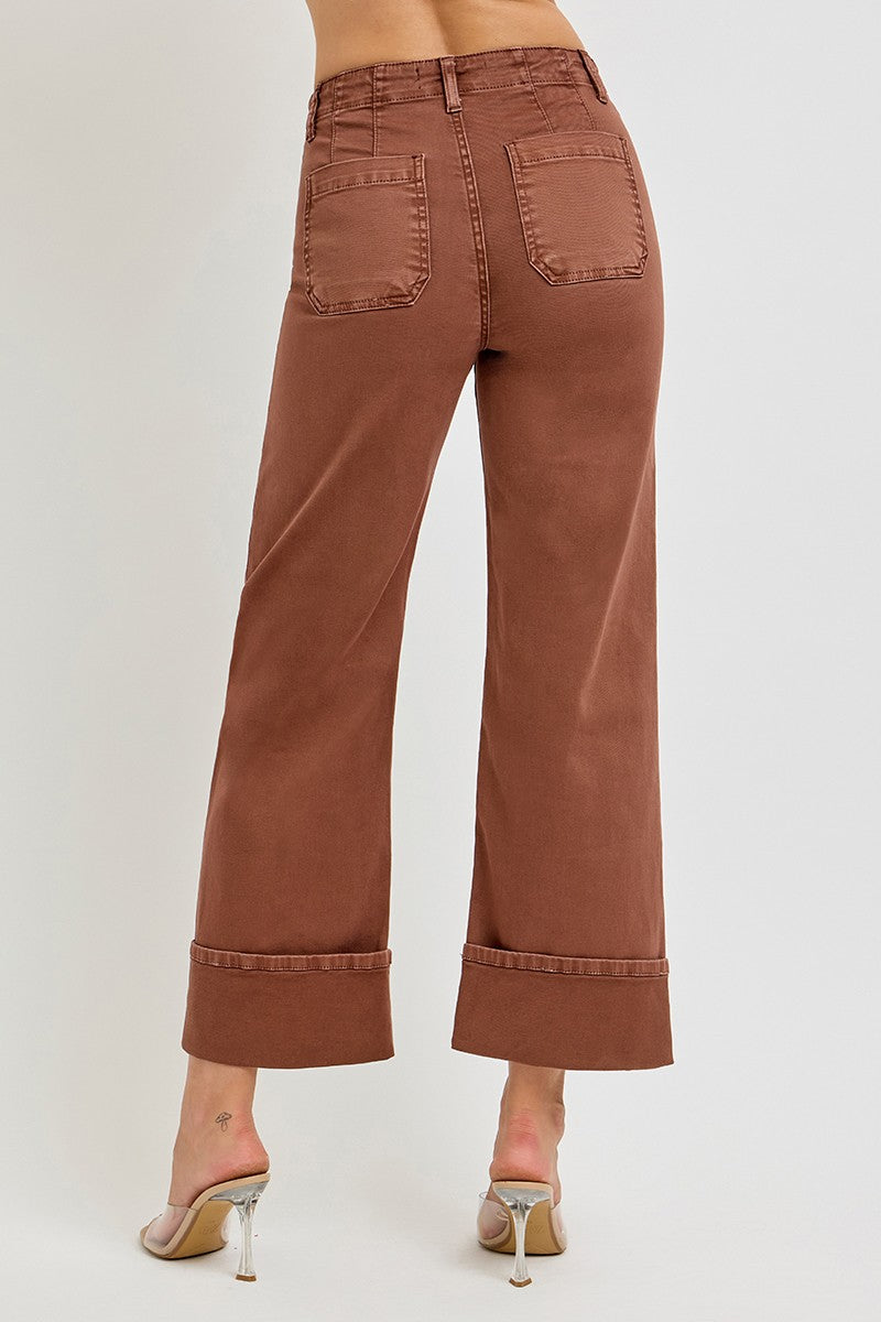RISEN JEANS HIGH RISE WIDE LEG FRONT PATCH POCKET CUFFED PANTS