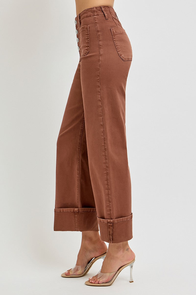RISEN JEANS HIGH RISE WIDE LEG FRONT PATCH POCKET CUFFED PANTS
