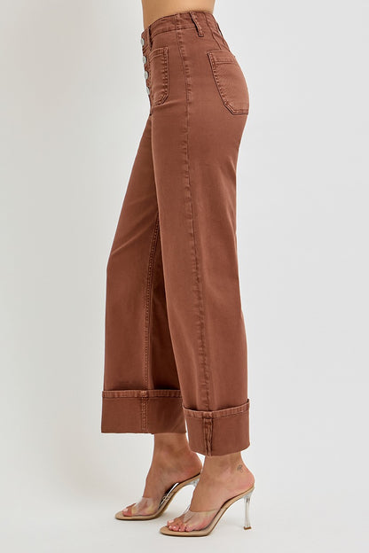 RISEN JEANS HIGH RISE WIDE LEG FRONT PATCH POCKET CUFFED PANTS
