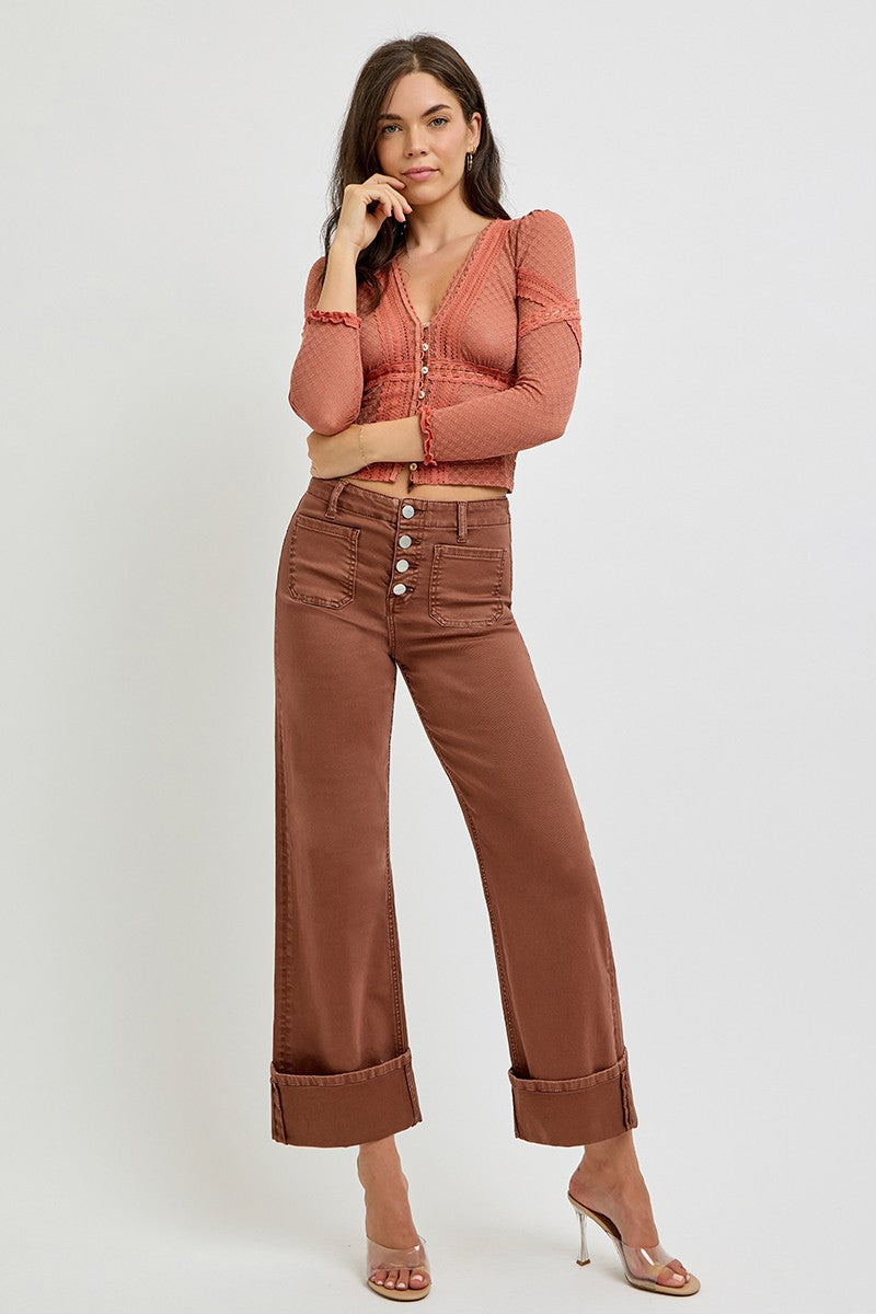 RISEN JEANS HIGH RISE WIDE LEG FRONT PATCH POCKET CUFFED PANTS