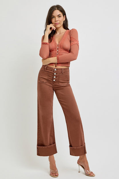 RISEN JEANS HIGH RISE WIDE LEG FRONT PATCH POCKET CUFFED PANTS