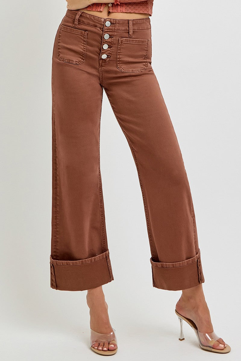 RISEN JEANS HIGH RISE WIDE LEG FRONT PATCH POCKET CUFFED PANTS