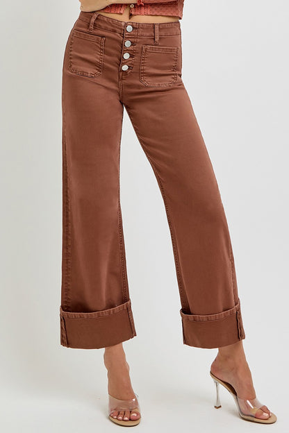 RISEN JEANS HIGH RISE WIDE LEG FRONT PATCH POCKET CUFFED PANTS