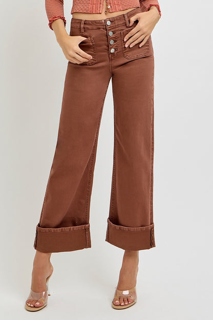 RISEN JEANS HIGH RISE WIDE LEG FRONT PATCH POCKET CUFFED PANTS