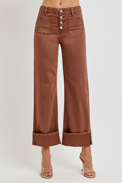 RISEN JEANS HIGH RISE WIDE LEG FRONT PATCH POCKET CUFFED PANTS