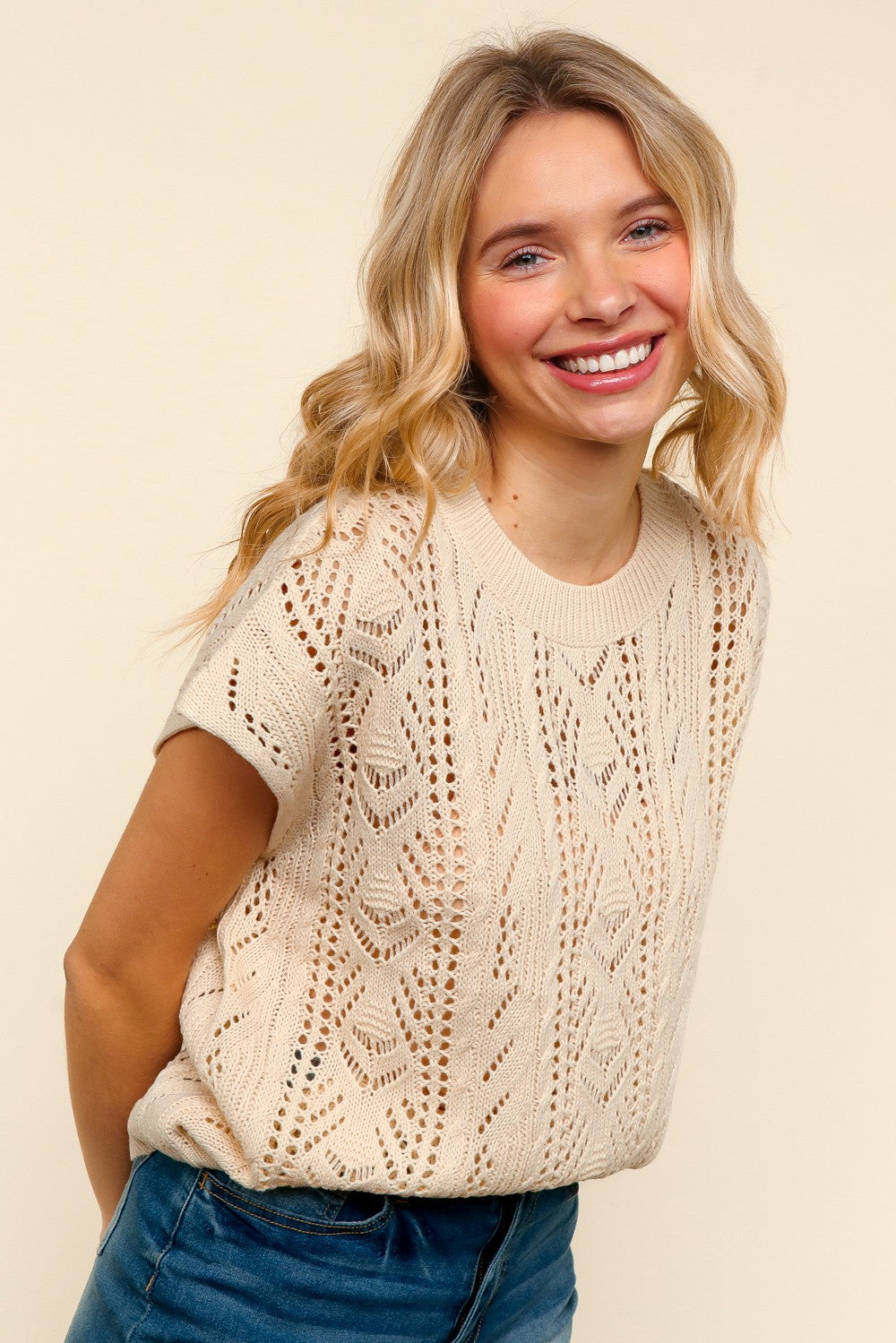 DOLMAN SHORT SLEEVE CROCHET SWEATER KNIT OATMEAL