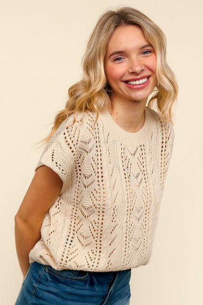 DOLMAN SHORT SLEEVE CROCHET SWEATER KNIT OATMEAL