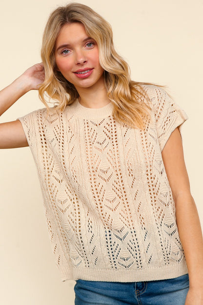 DOLMAN SHORT SLEEVE CROCHET SWEATER KNIT OATMEAL