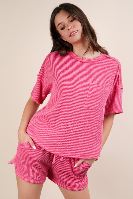 Oversized Two Tone Double Knit Top & Shorts PINK