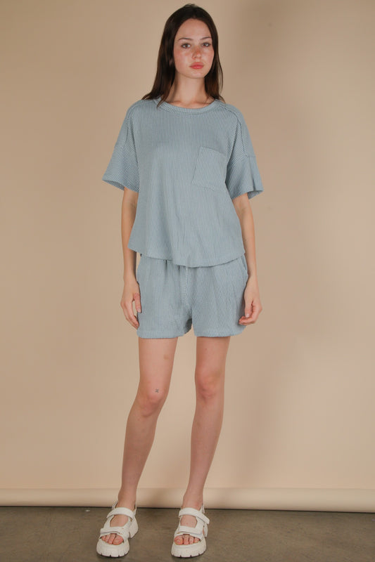 Oversized Two Tone Double Knit Top & Shorts BLUE